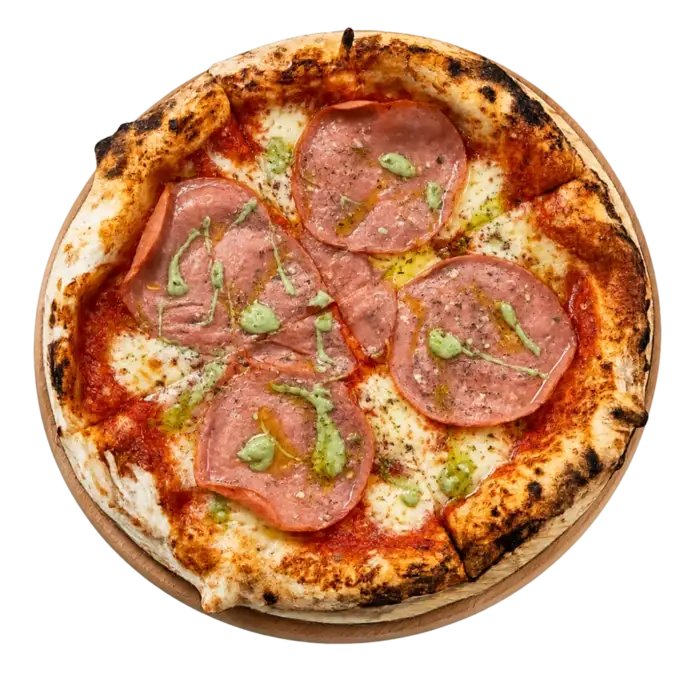 Pizza Mortadela y Pistacho napolitana