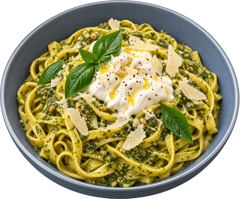 Fettuccine al Pesto con burrata de Luna di Napoli